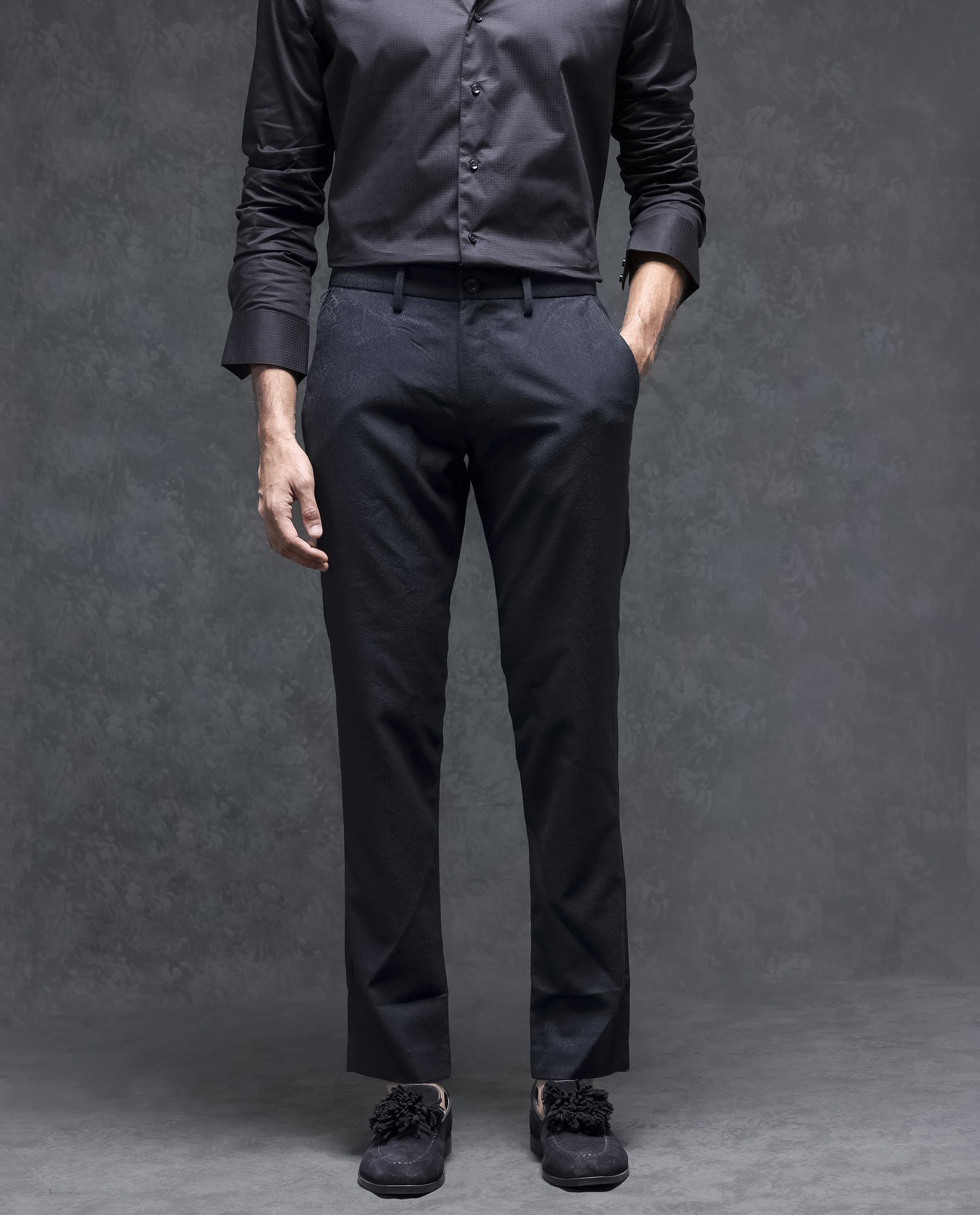 Rare Rabbit Men's Trans Black Solid Mid-Rise Regular Fit Trouser